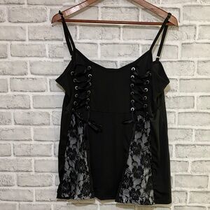Elegant Black Lace-Up Camisole with Floral Accents, 5XL